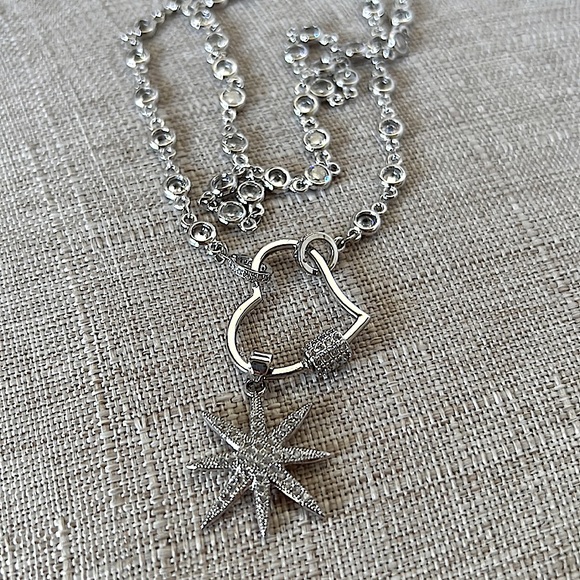 Bezel Set CZ Necklace w/Heart Carabiner Clasp & Cubic Zirconia Starburst Pendant - Picture 1 of 4